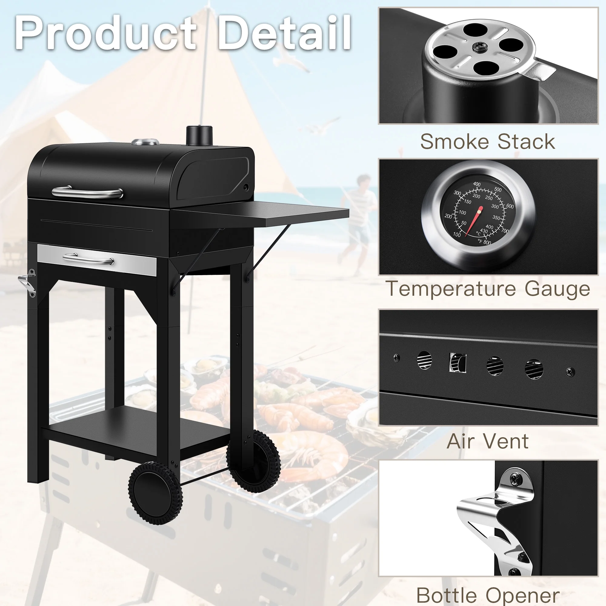 Portable Charcoal Smoker Grill Combo with Offset Firebox �C Heavy Duty BBQ Grill with Warming Rack Side Shelf for Outdoor Cooking, Camping Tailgating - Image 3