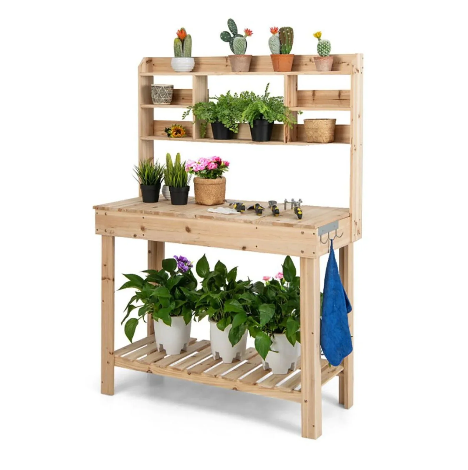 Garden Potting Bench Table with Display Rack & Sink - Outdoor Workstation for Plants, Tools & Gardening - Fir Wood - 43.5 x 19.5 x 60.5