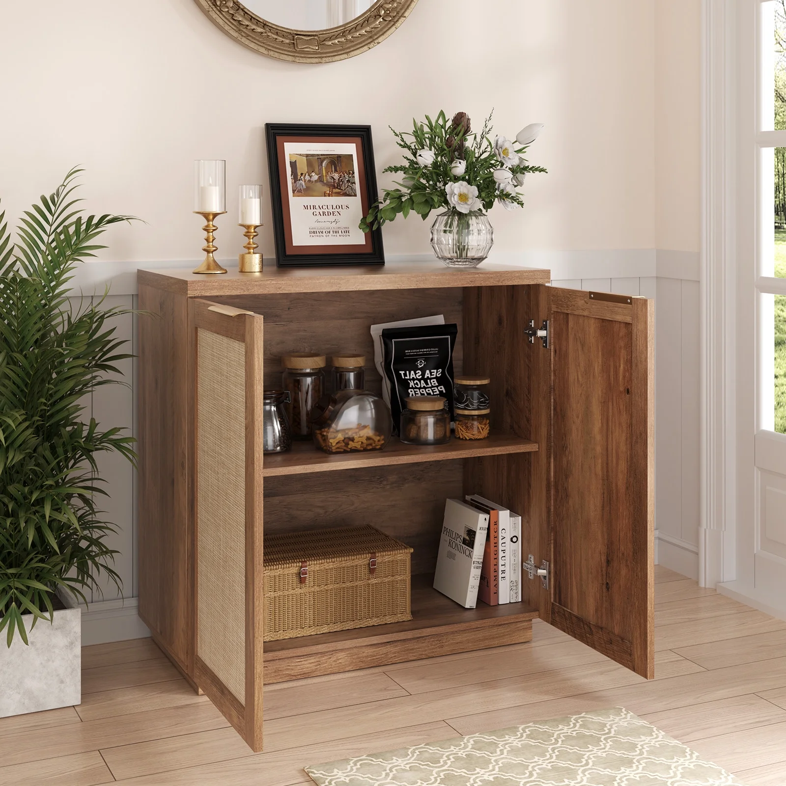 Hommpa Sideboard Buffet Cabinet Rattan Kitchen Storage Organizer with 5 - Position Adjustable Shelf & 2 Doors Boho Farmhouse Accent Cabinets TV Console for Living Dining Room Coffee Bar