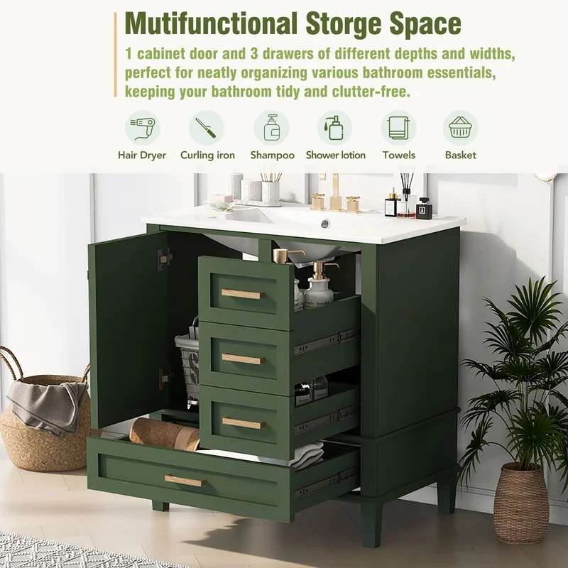 30" Bathroom Vanity with Sink, Modern bathroom sink cabinet with Soft-Close storage Drawers, Freestanding Vanity with Ceramic Top (Green)(Green) - Image 6
