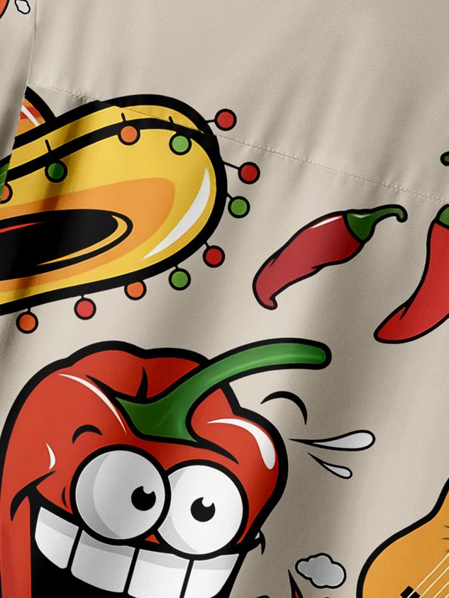 Chemise de vacances à manches courtes avec poche poitrine et piment, inspirée par la culture mexicaine