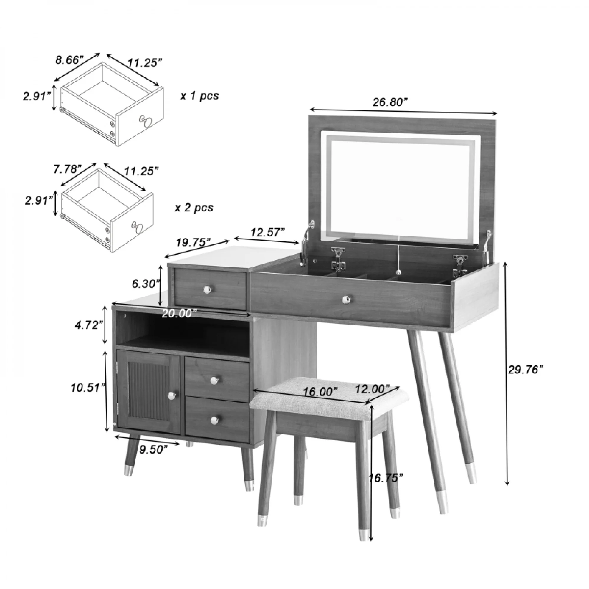 3-in-1 Vanity Desk with Lighted Flip-Top Mirror Adjustable Cabinet, Makeup Dressing Table with Stool, Dresser with Drawers for Bedroom, White(White) - Image 8