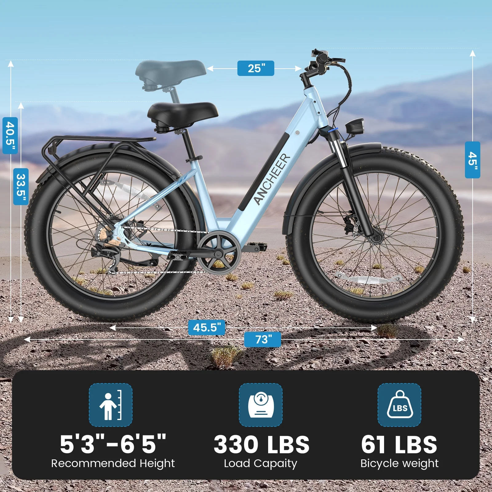 Electric Bike for Adults, 750W Ebike, 28MPH 60Miles Electric Mountain Bike, 26" Fat Tire Electric Bicycle with 48V 15AH Battery, Rear Rack, Lockable Suspension Fork,7 Speed, UL2849(Blue) - Image 8