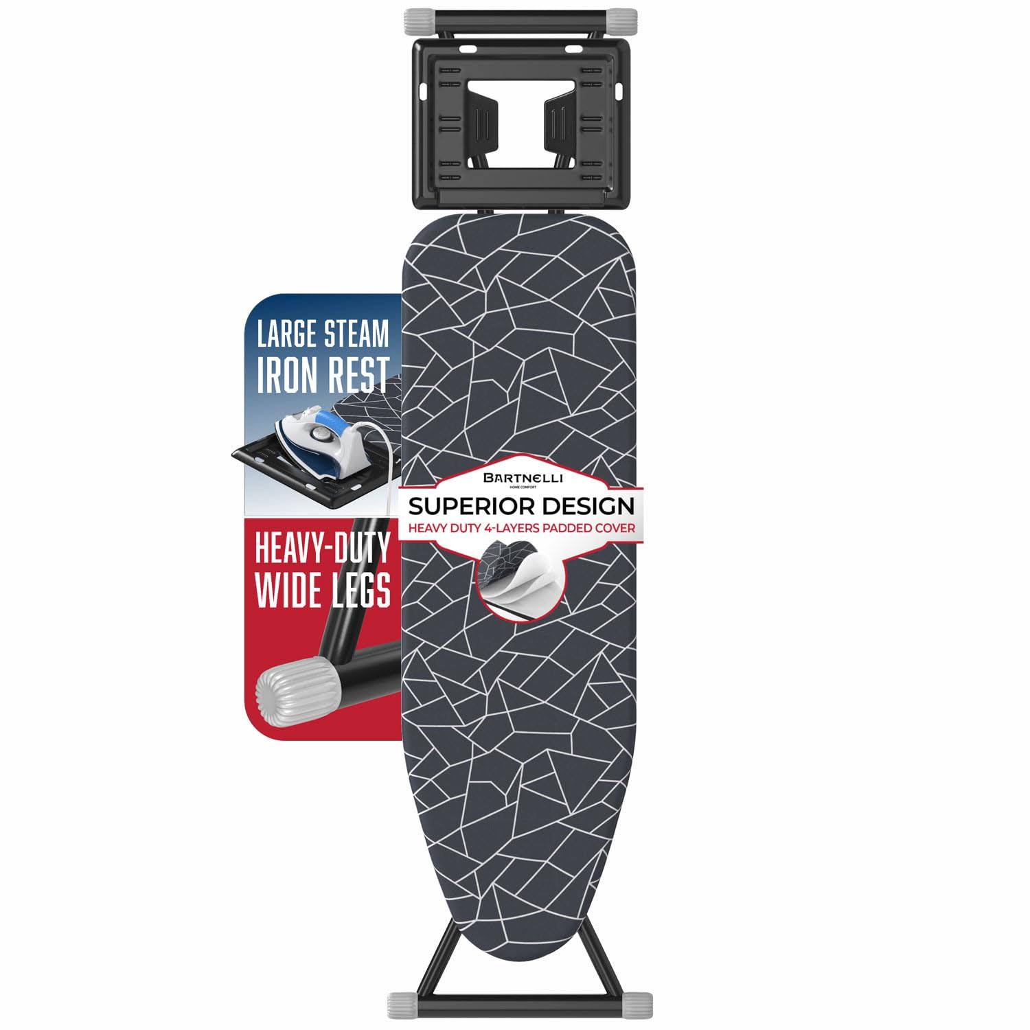 Bartnelli Ironing Board | Space-Saving and Ultimate Iron Board Experience 13x43 | Reinforced Steel Legs, Adjustable Height, 4-Layer Padding, Patent