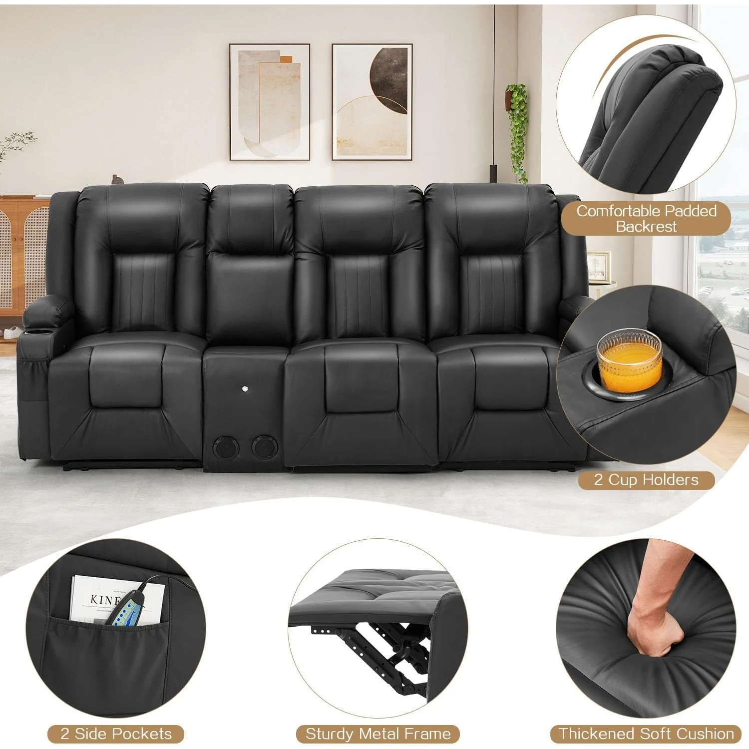 AECOJOY 3 Seater Recliner Sofa with Console&Bluetooth Speakers, Manual RV Sofa Couch, Black