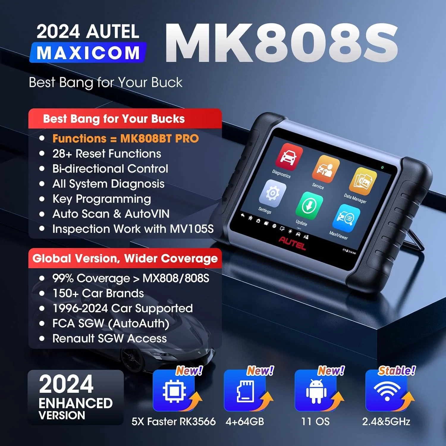 Outil bidirectionnel 2024 comme MK808BT Pro MX808S M808Z, Fonction comme MaxiCheck MX900, Test actif, Diagnostic de tous les systèmes, Codage des injecteurs.