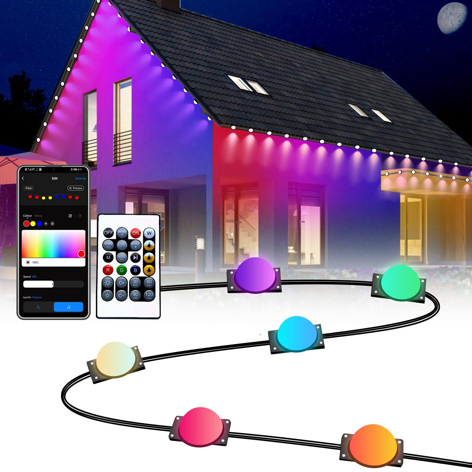 Smart Permanent Outdoor Lights Waterproof, 50ft 25LEDs Eaves Lights App & Remote Control, Color Changing Outdoor Lights with DIY Modes for Party