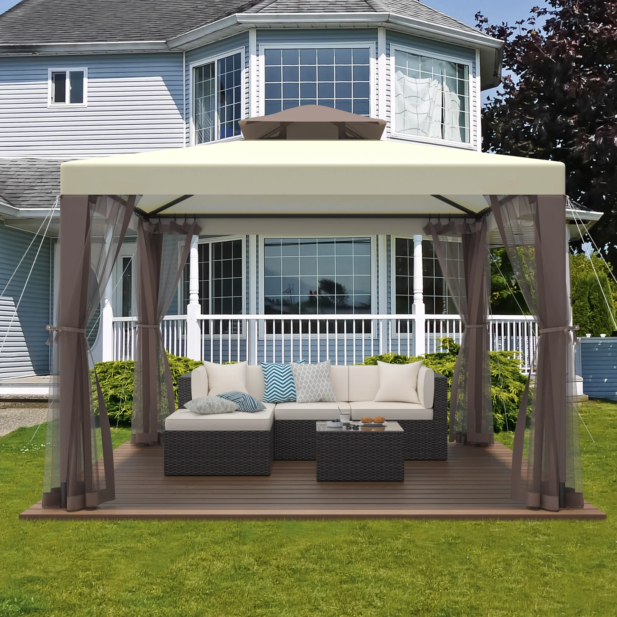 10'x10'  Patio Gazebo Tent Outdoor Canopy Shelter w/ Mosquito Netting & 2-Tiered Vented Top  for Garden, Backyard Deck And Lawns