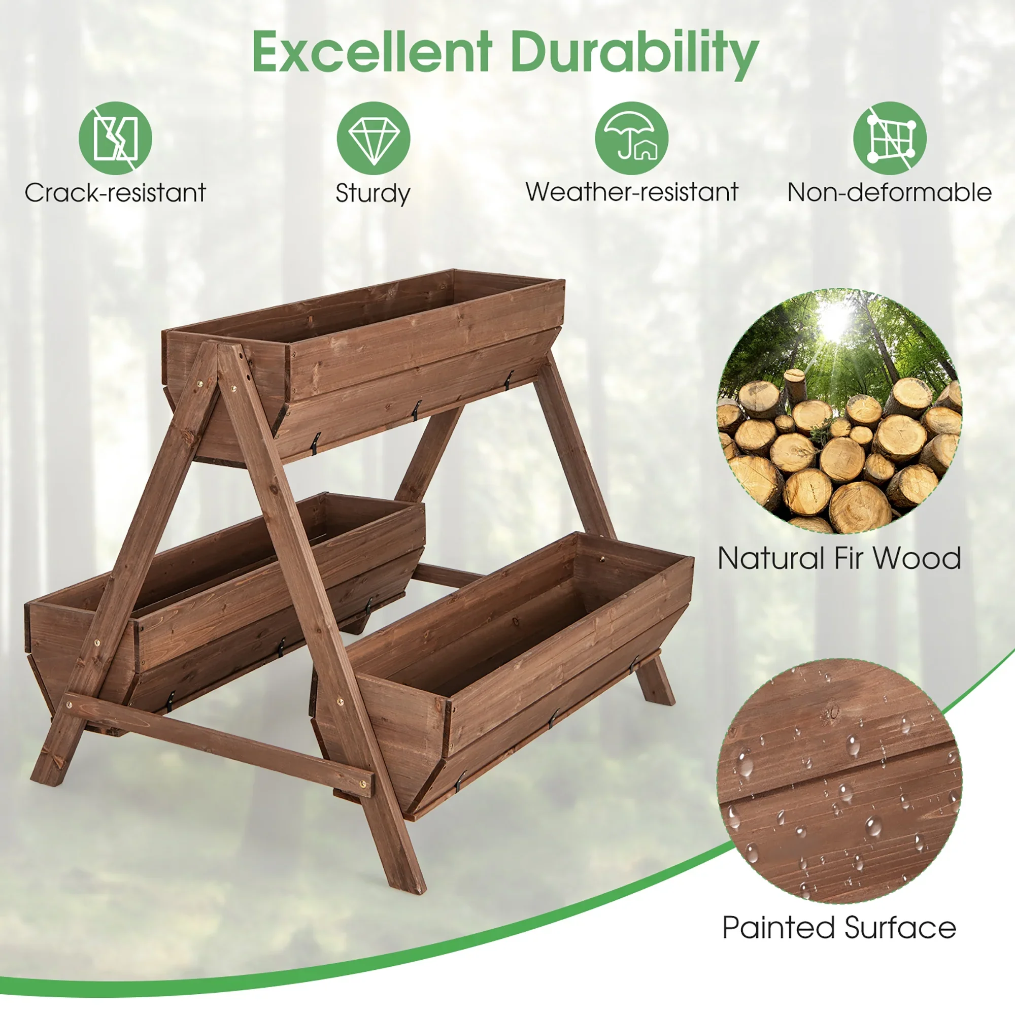 Gymax Vertical Raised Garden Bed Wood Tiered Plant Stand w/ 3 Planter Containers