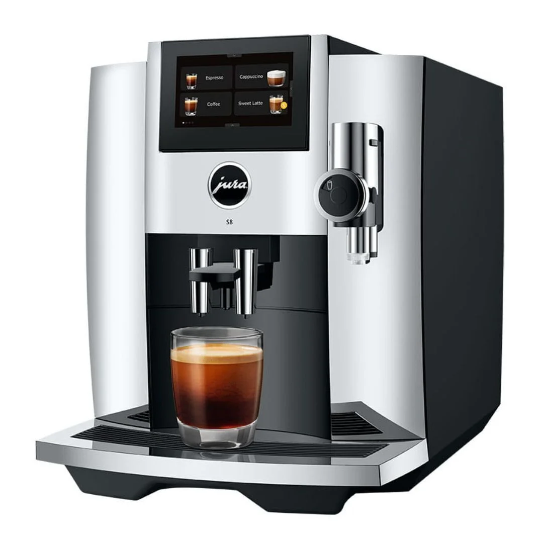 Jura S8 Automatic Coffee Machine with Sweet Foam Function, 4.3 - Inch Touchscreen, Automatic Milk Cleaning, and 2nd Generation Professional Aroma Grinder (Chrome)