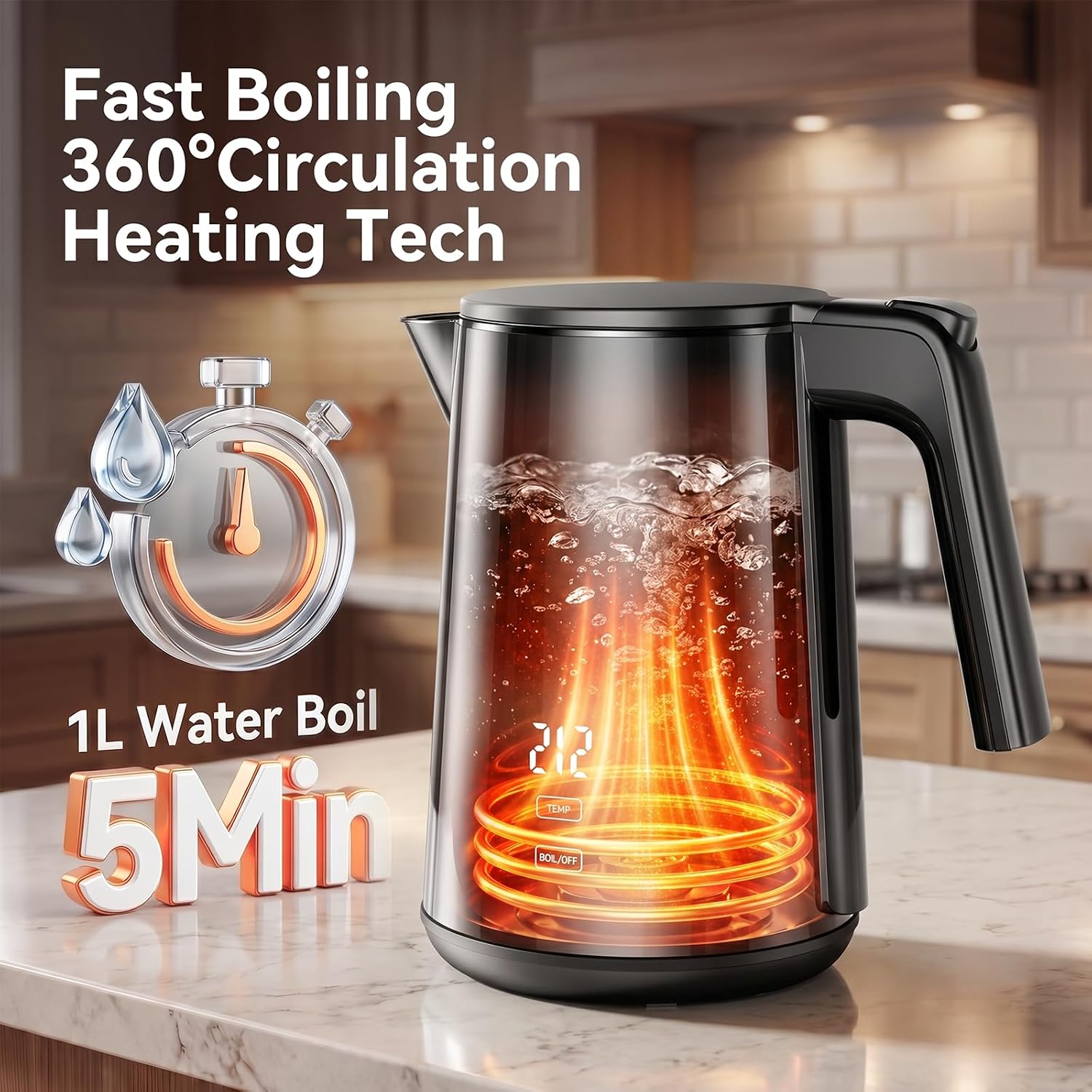 Electric Kettle 1.0L, 1200W Fast Boiling, 7 Temp Settings & 4H Keep Warm