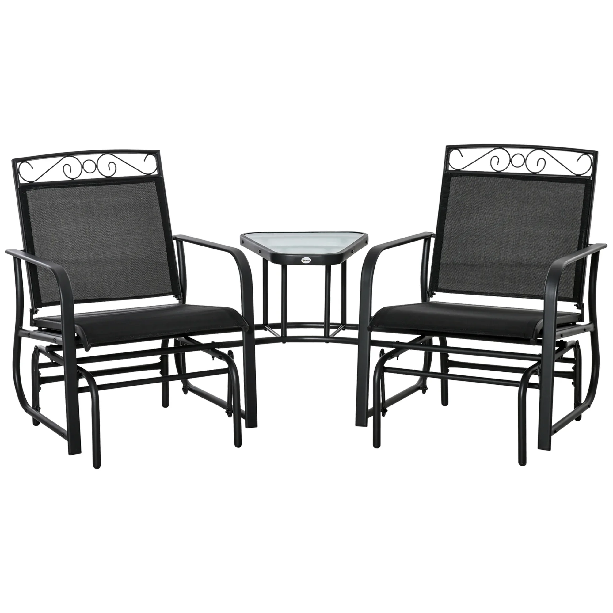 Outsunny Outdoor Glider Chairs with Coffee Table, Patio 2-Seat Rocking Chair Swing with Breathable Sling for Backyard, Garden and Porch, Black