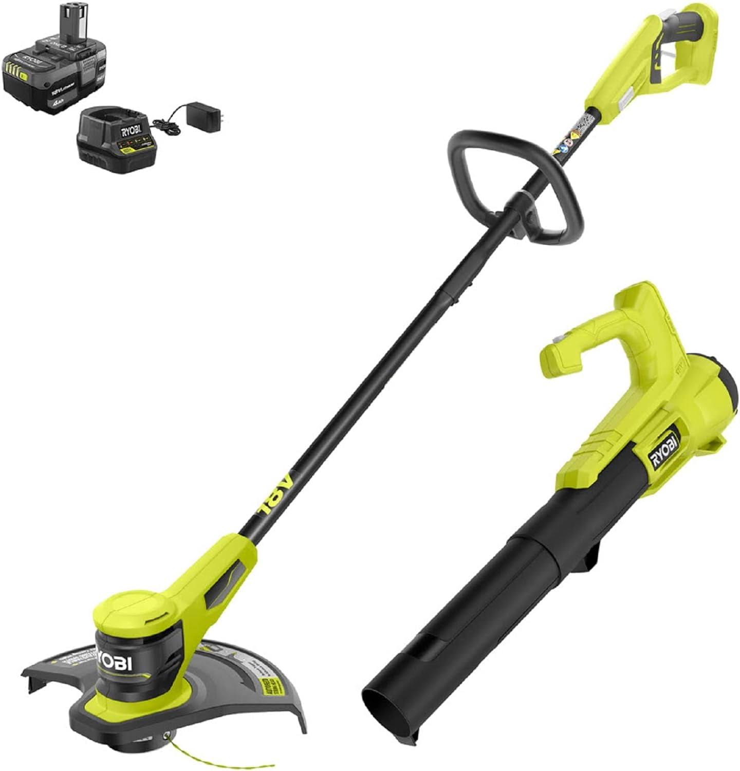 Ryobi P20151VNM ONE+ 18V Cordless Battery String Trimmer and Blower Combo Kit (2-Tools) with 4.0 Ah Battery and Charger