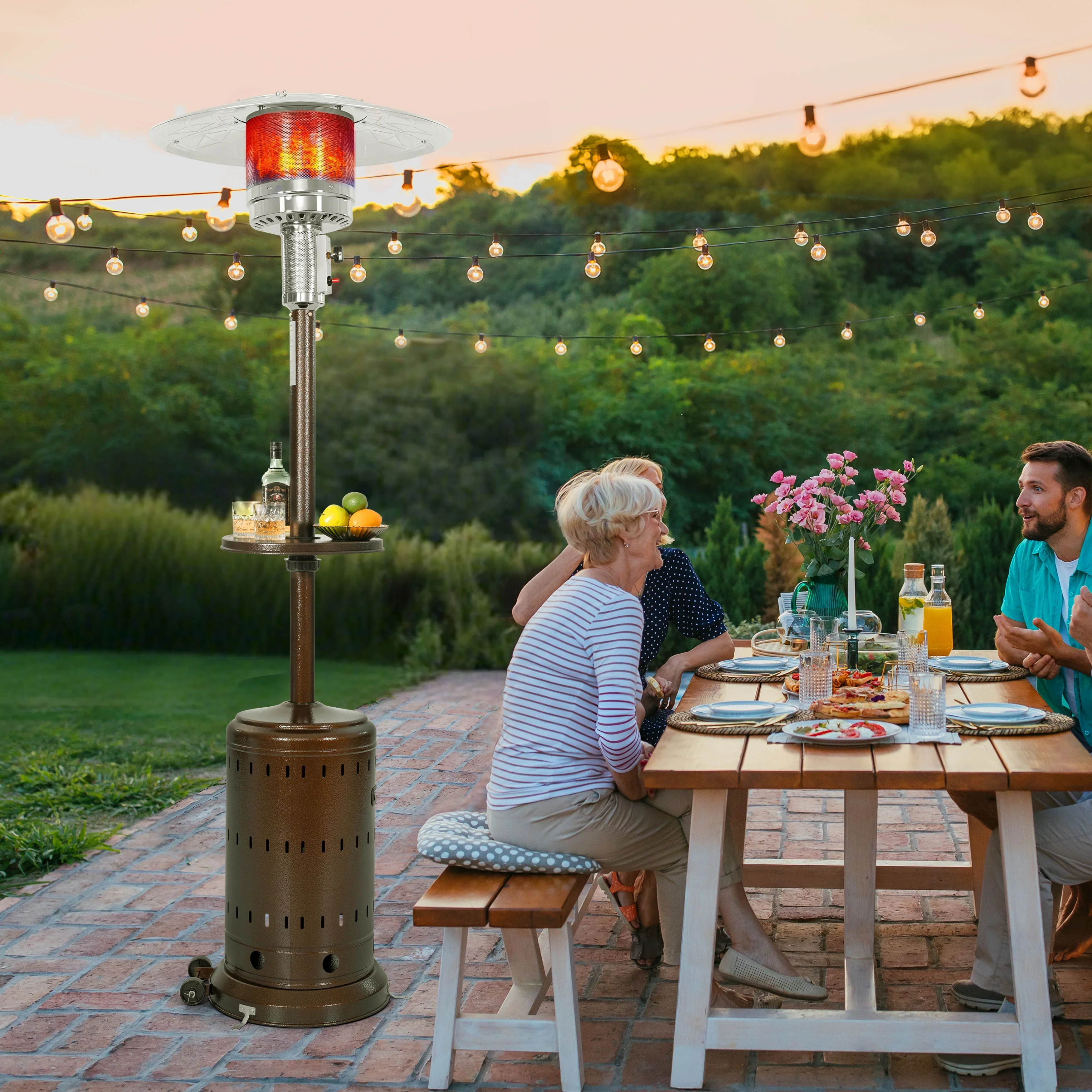 Nuu Garden Outdoor Propane Gas Patio Heater with Wheels, Patio Heater with Liftable Drink Stand for Patio, 304 Stainless Steel Burner, Backyard, Garden, Porch, Brown