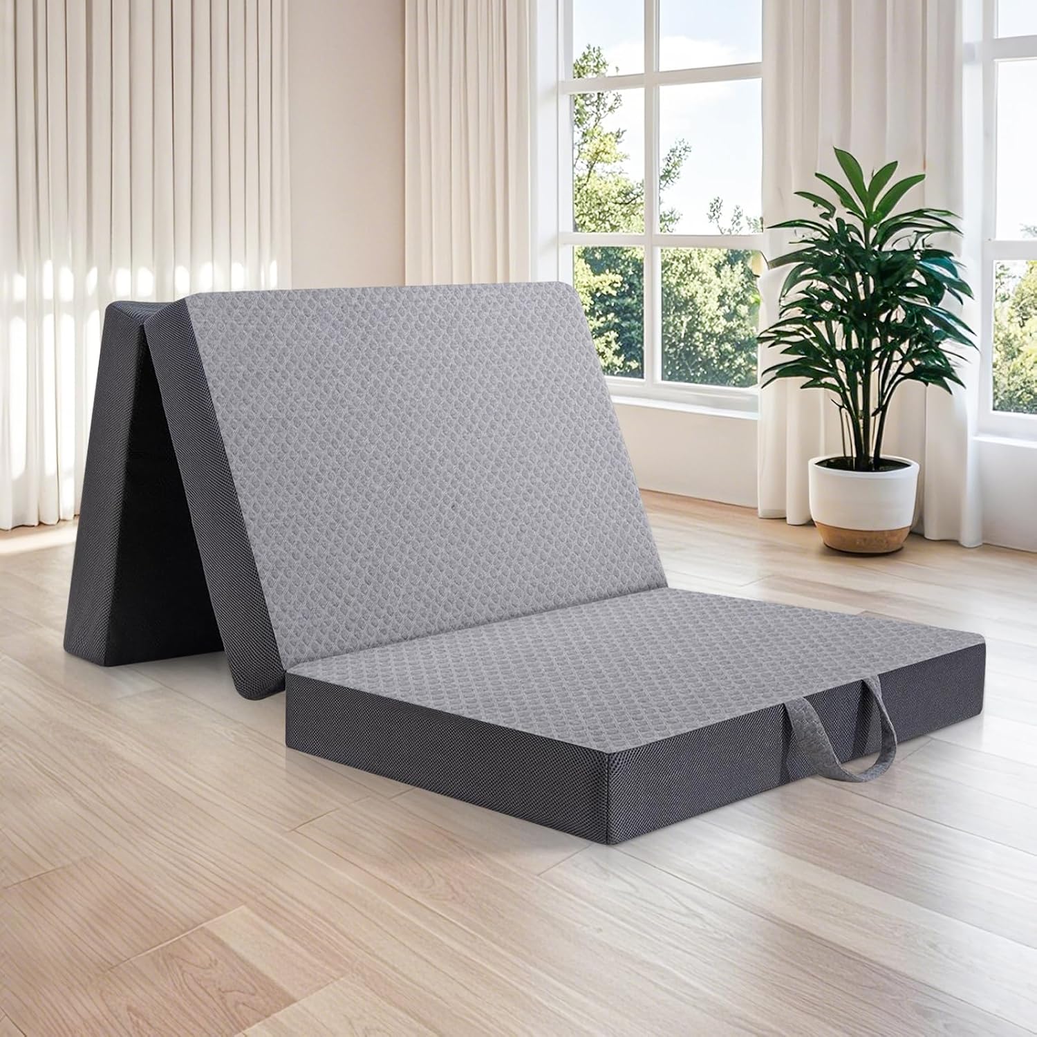 Tri Folding Mattress - Foldable Mattress for Travel/RV/Camping/Road Trip/Guest Room/Yoga, Tri-fold Memory Foam Mattress with Washable Cover, Handle & Non-Slip Bottom