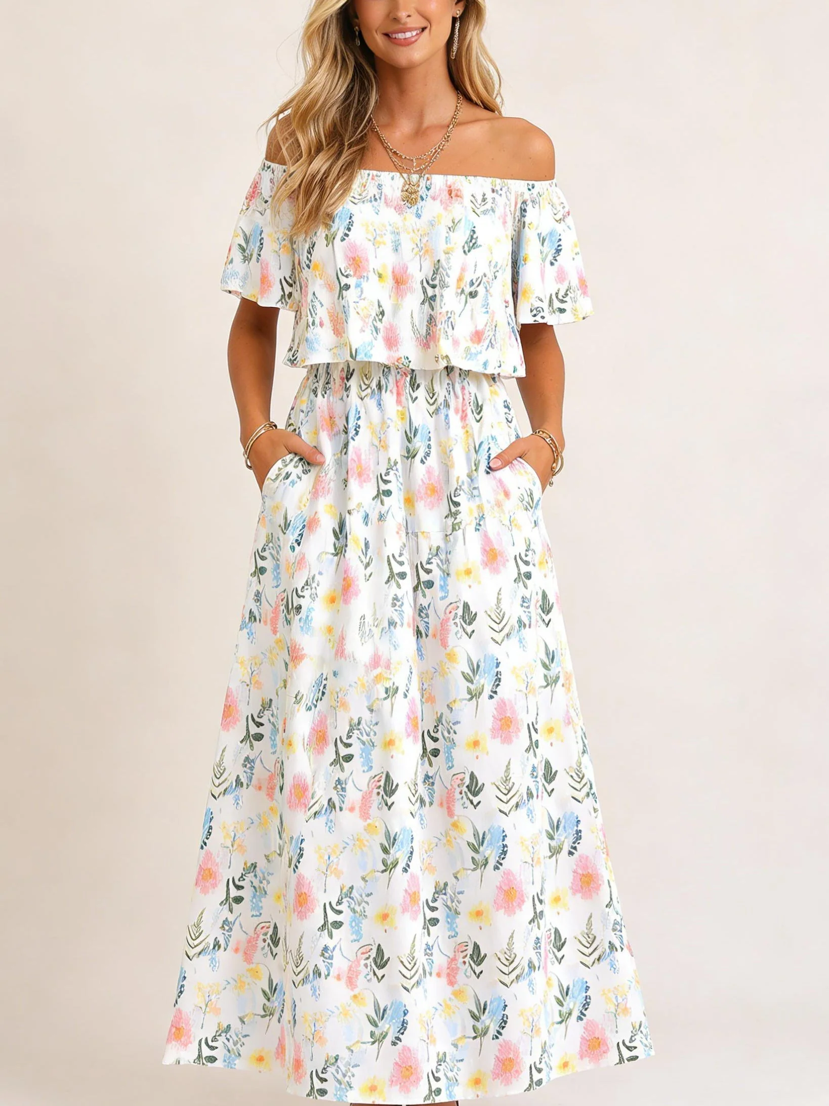 Robe maxi d'été florale pour femme à épaules dénudées