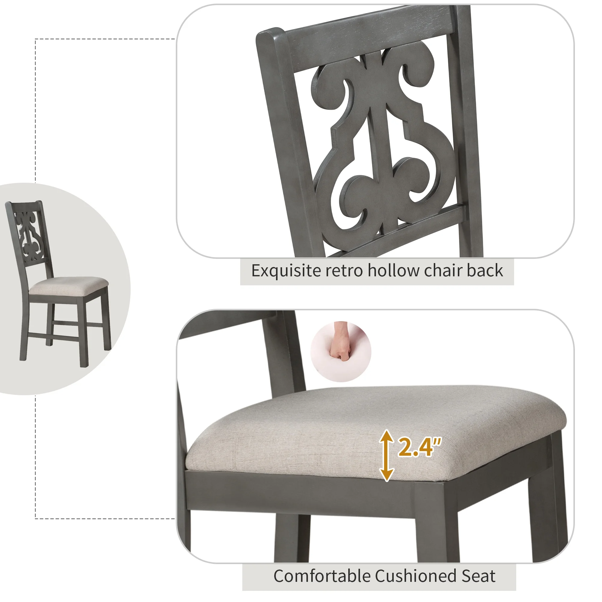 5 Pieces Wooden Round Dining Table and Chair Set with Special-shaped Legs and an Exquisitely Designed Hollow Chair Back for Dining Room(# 3:Gray (Round)) - Image 9