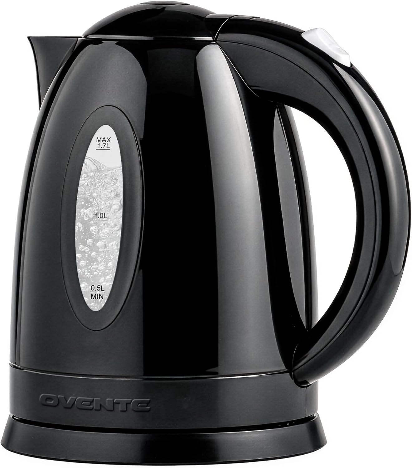 OVENTE 1.7L Electric Tea Kettle, 1100W BPA-Free Water Boiler, Black KP72B| Fast Boiling, Auto Shut-Off, Boil-Dry Protection, 360° Swivel Base, Cordless Serving, Clear-View Window and Removable Filter