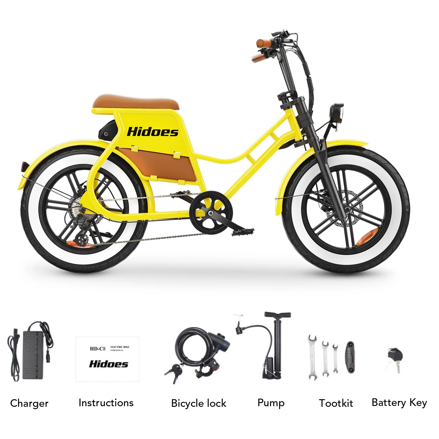 ? Electric Bike for Adults 20" Fat Tire Retro Cruiser, 7-Speed E-Bike with Cruise Control Accessories (Pump/Leather Seat)(Yellow) - Image 8