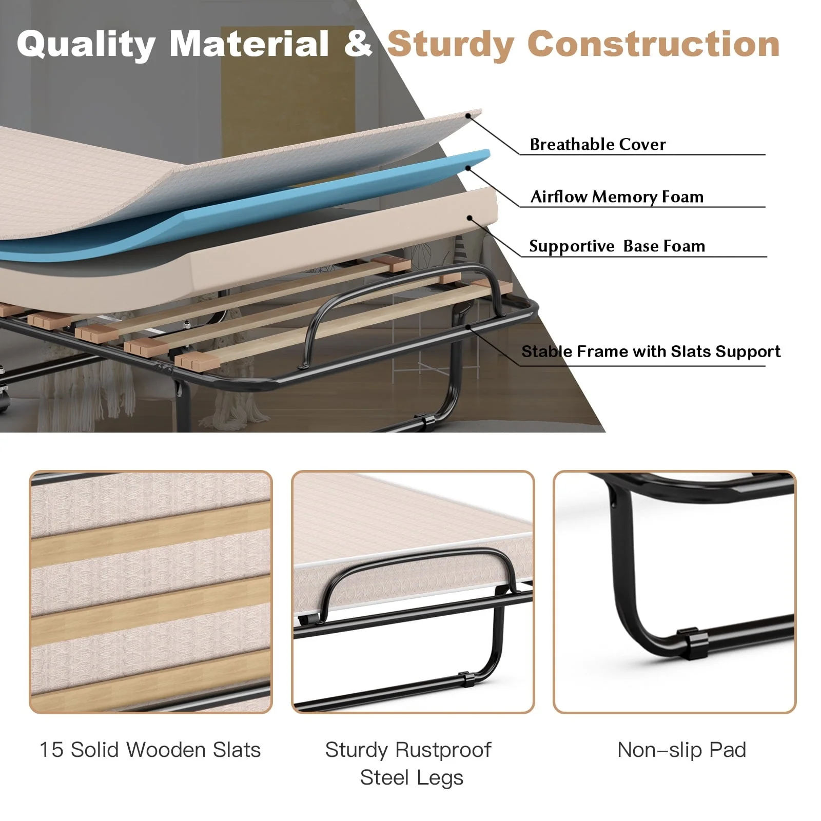 Costway Portable Folding Bed with Memory Foam Mattress Rollaway Cot Navy Made in Italy Image 5