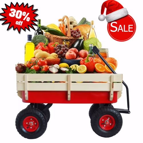 Clearance! Outdoor Sport Red Wagon All-Terrain Pulling W/Removable Wooden Side Panels Air Tires Big Foot Panel Wagon 330 lb. Weight Capacity Sturdy All Steel Wagon Bed Kids' Pull - Along Wagons (Red)