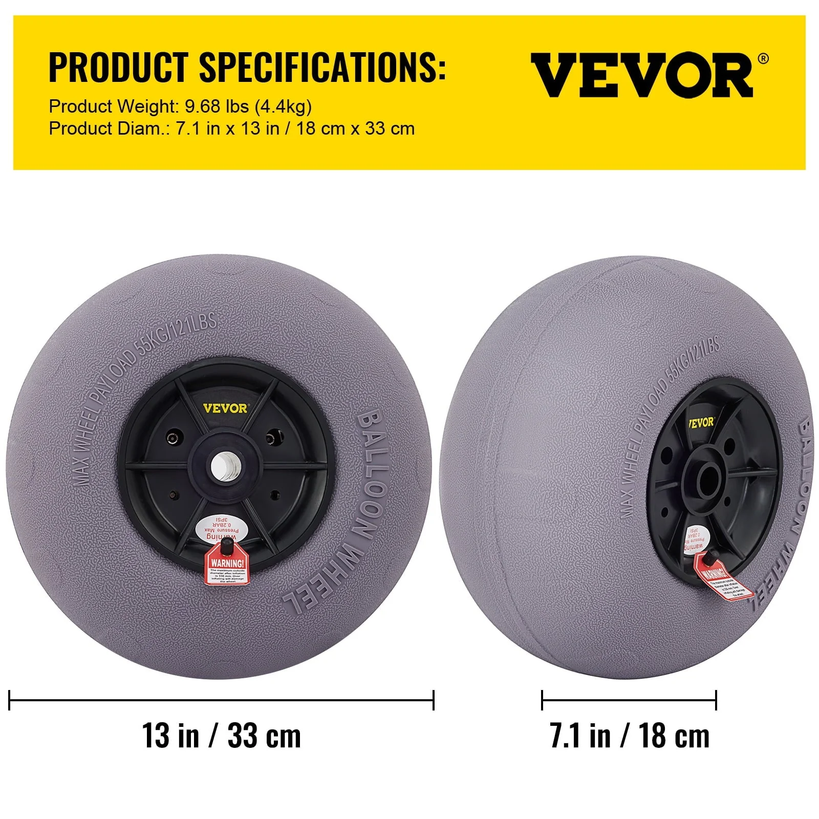VEVOR Beach Balloon Wheels, 13" Replacement Sand Tires, TPU Cart Tires for Kayak Dolly, Canoe Cart and Buggy w/ Free Air Pump, 2 Pack Image 7