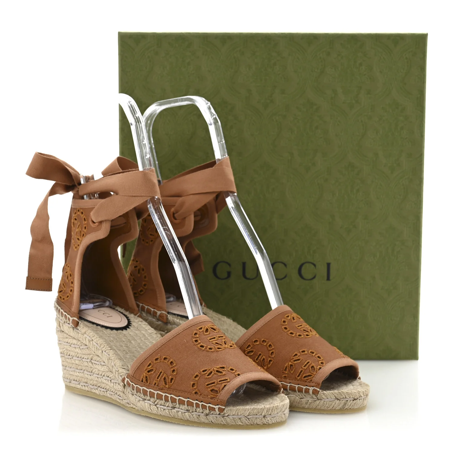 Canvas Damita GG Eyelet Espadrille Wedge Sandals 37.5 Blondie Cognac
