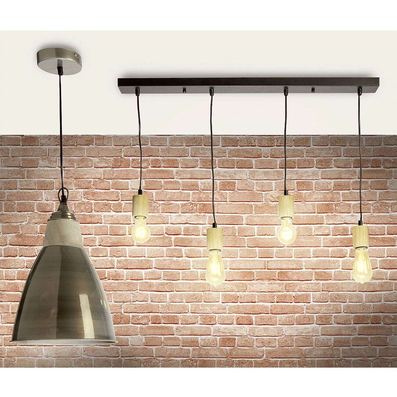 Lustre à suspension filaire 4 têtes métal et bois noir mat