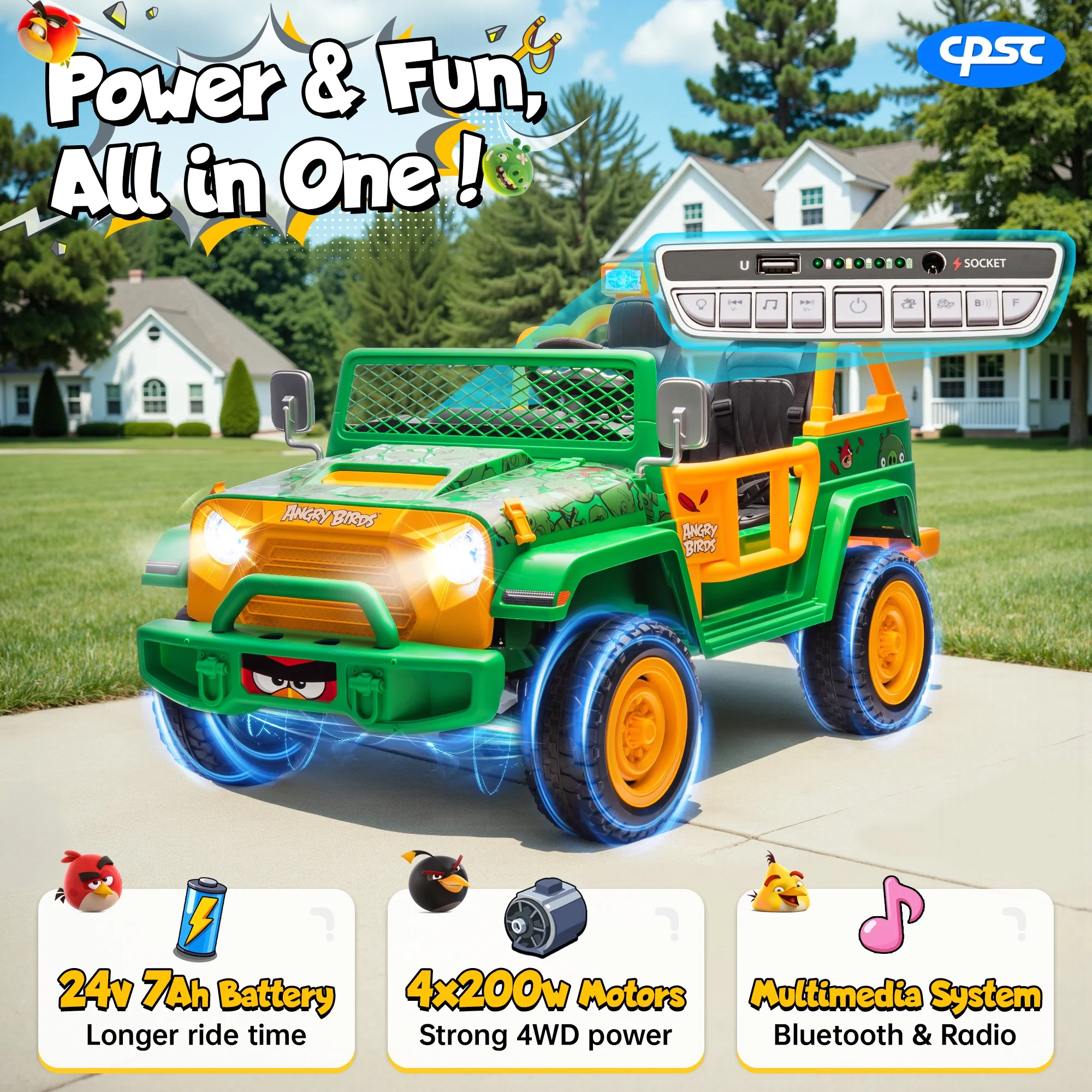 24 Volt Ride on Toys for Big Kids, Licensed Angry Birds Ride on Truck with Remote, 2 Seater 4WD Electric Ride ons with Shovel, Bluetooth, Lights, Power Car Wheels for 3-8, 130lbs, Green(Green) - Image 4