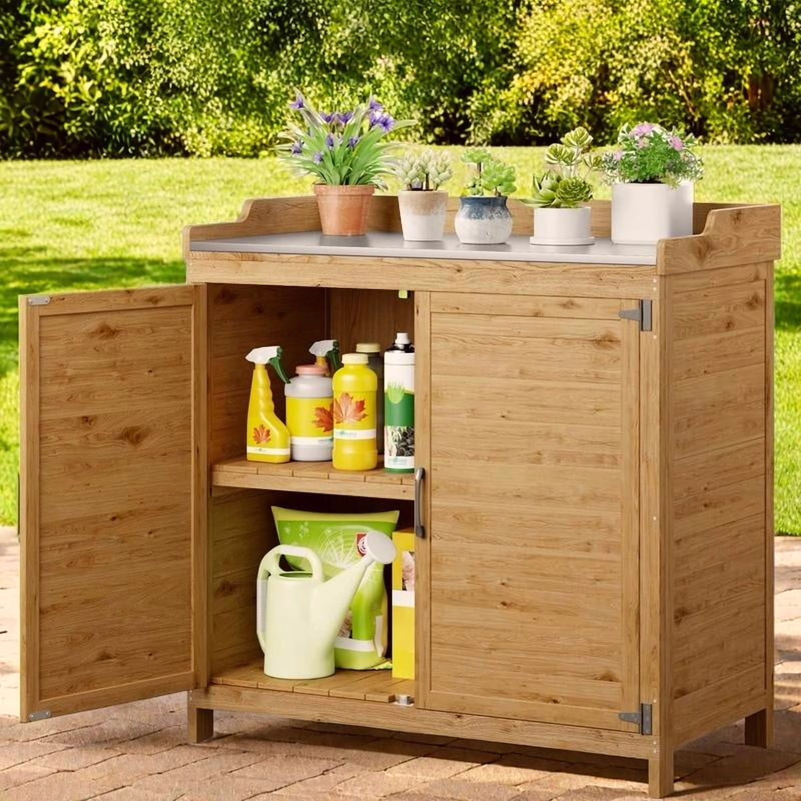Outdoor Storage Cabinet, Outdoor Potting Bench Table with Removable Shelves for Yard, Garden, Waterproof Wood(Natural)