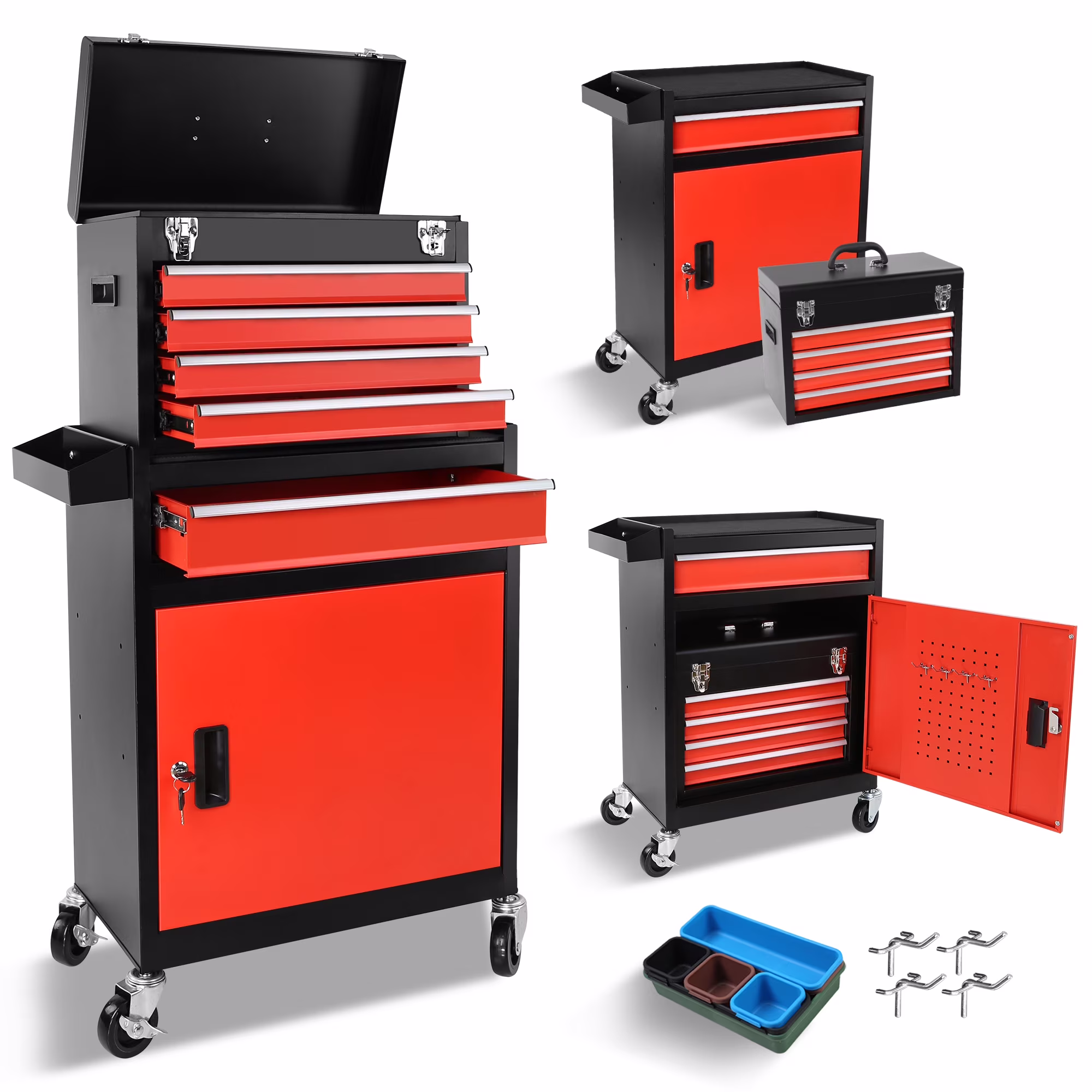 Tool Chest, 5-Drawer Rolling Tool Storage Cabinet with Detachable Top Tool Box, Universal Lockable Wheels(Black: 5-Drawer)
