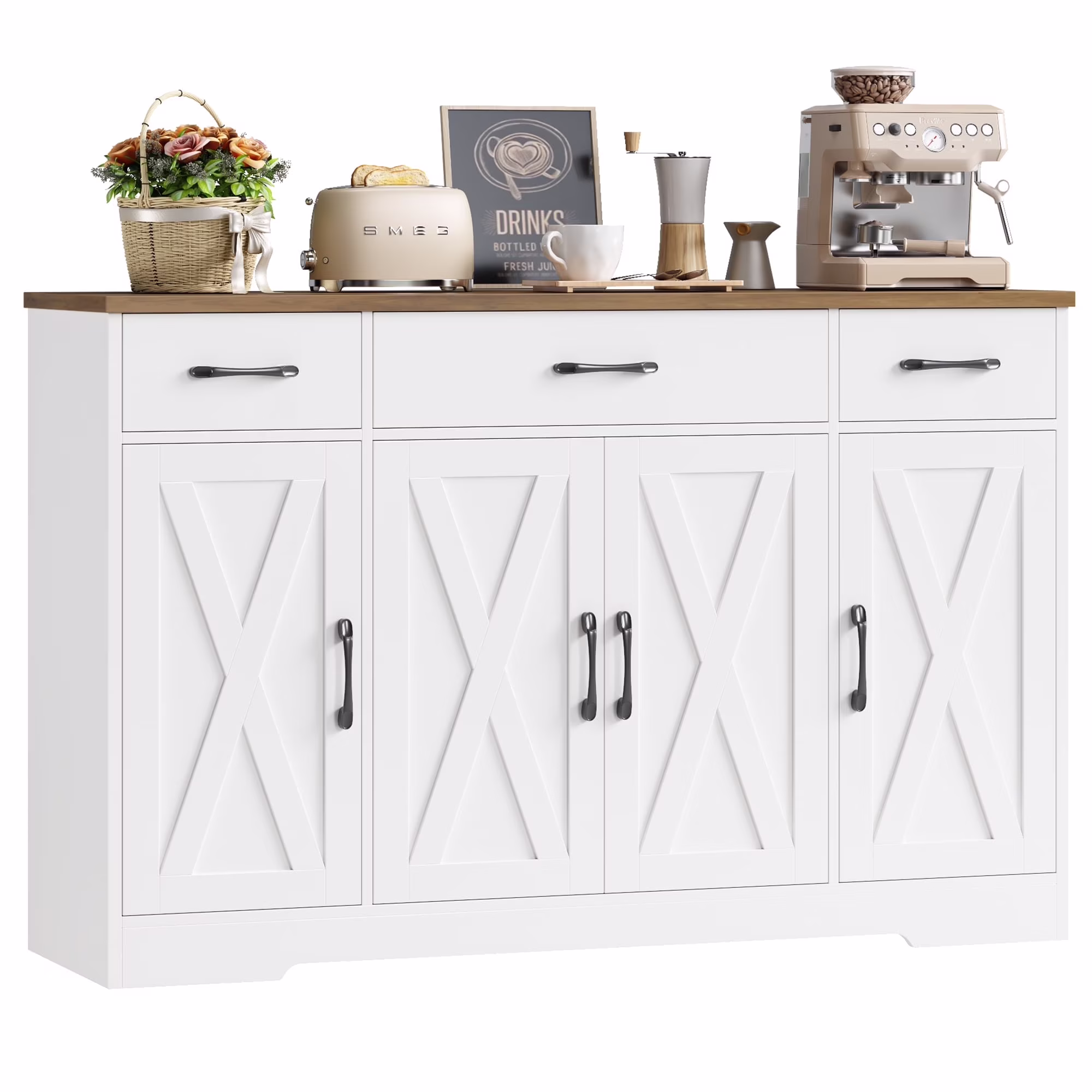 Buffet Cabinet with 3 Drawers and 4 Doors, 55.1�?W Kitchen Sideboard Storage Cabinet with Adjustable Shelves, Farmhouse Coffee Bar Cabinet for Dining Room, White Brown(White Brown)