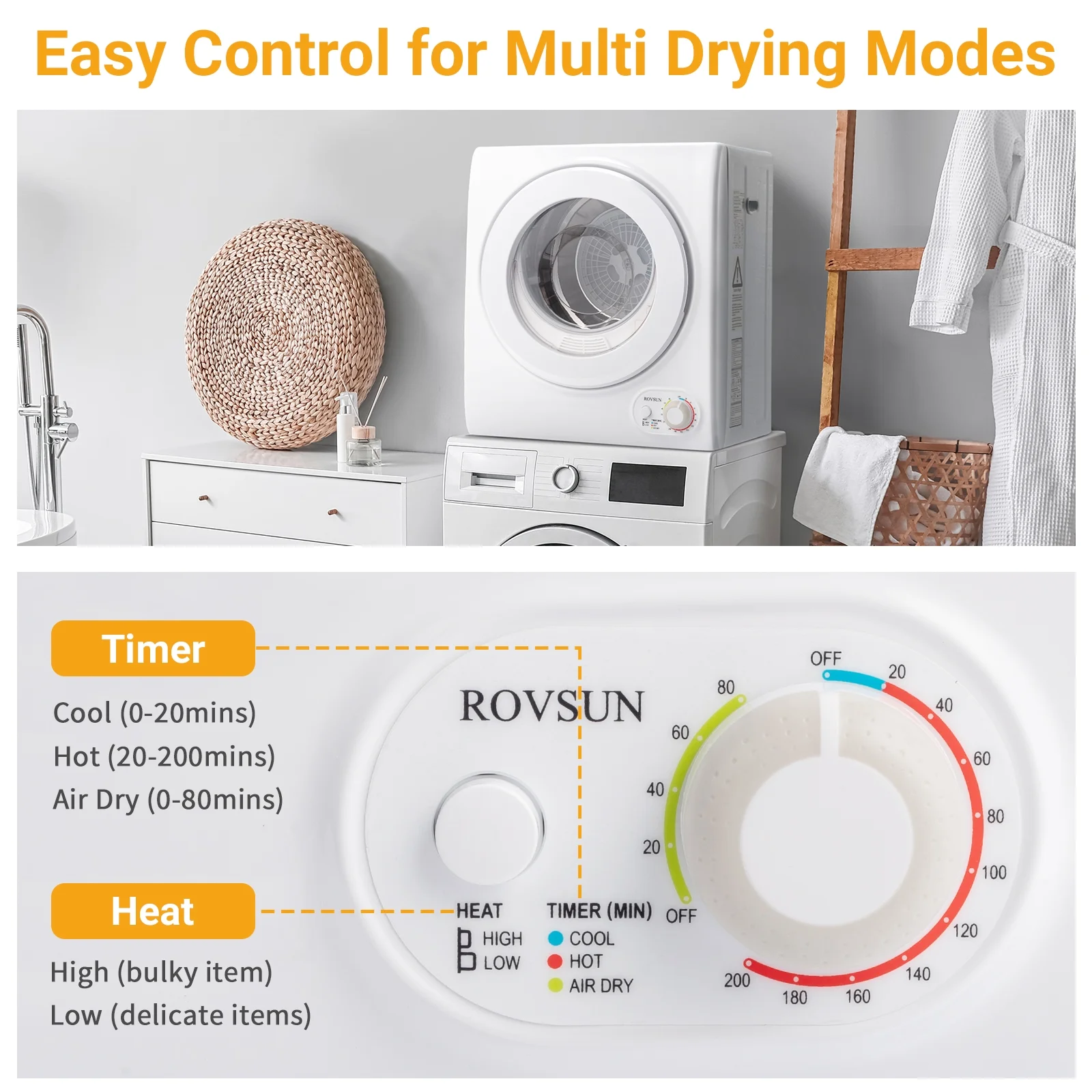 RovSun 110V White Stainless Steel Electric Tumble Dryer(Classic Knob Control)