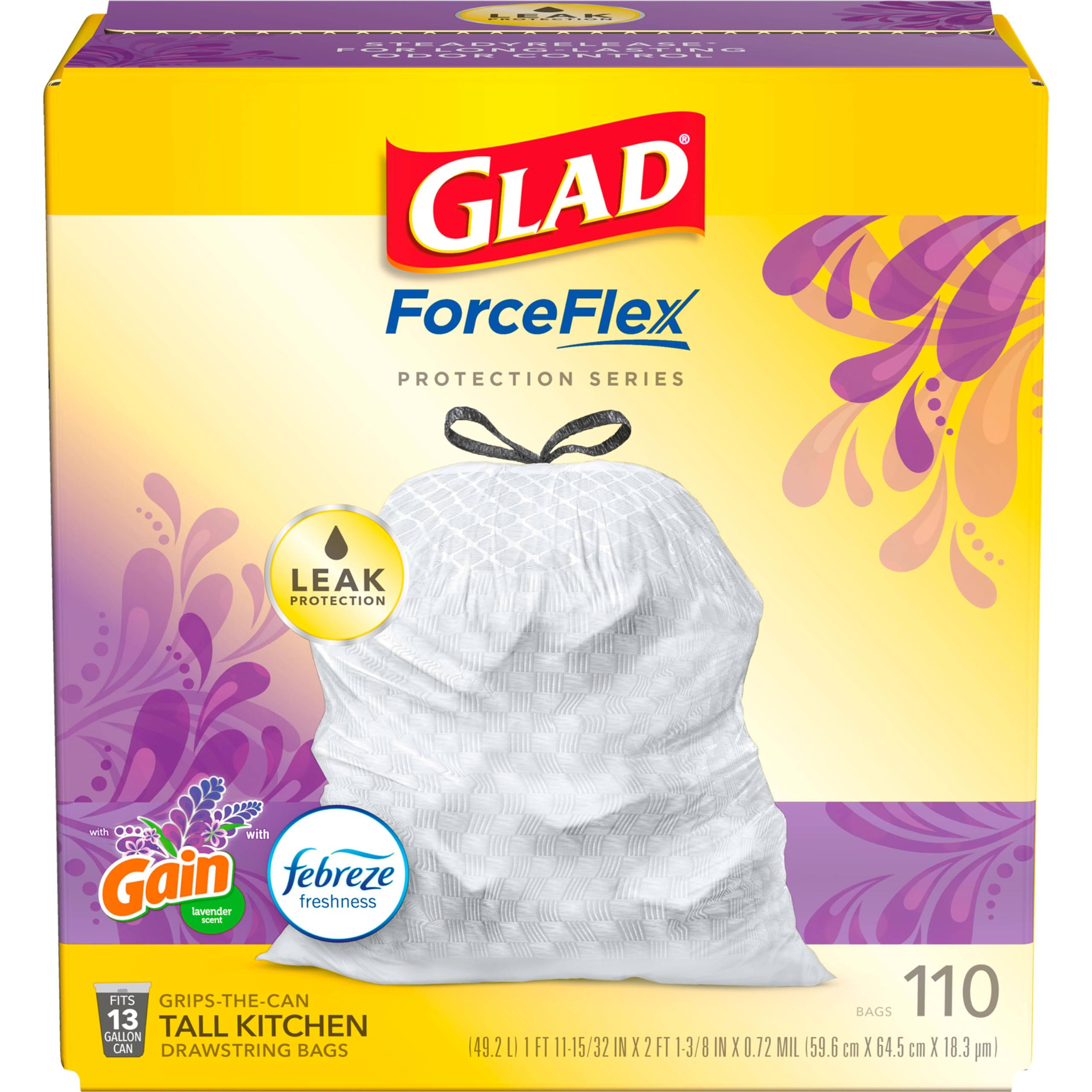 Glad ForceFlex Tall Kitchen Trash Bags, 13 gal, Gain Lavender, 110 ct, Pack May Vary