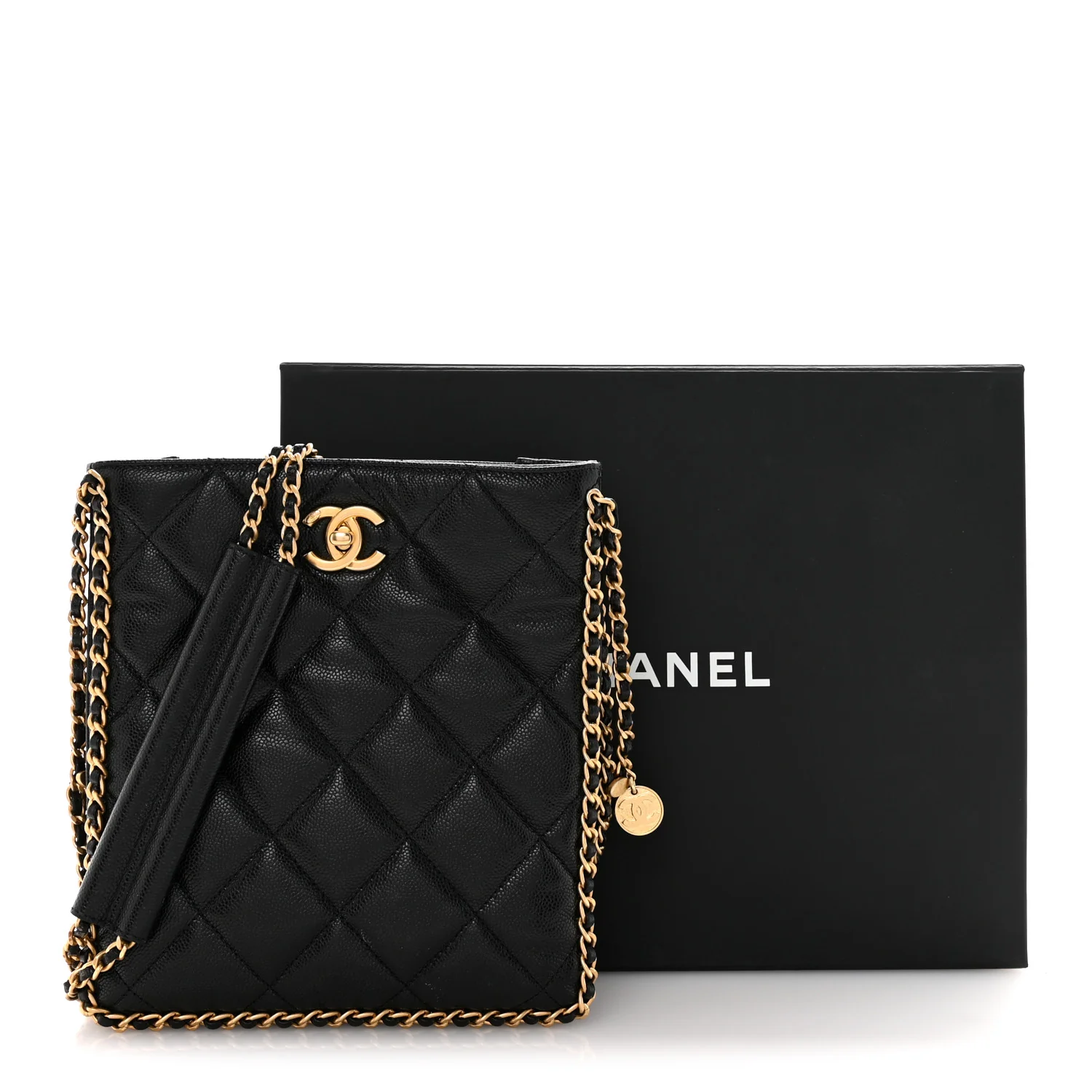 Caviar Quilted Mini Never Ending Chain Tote Black