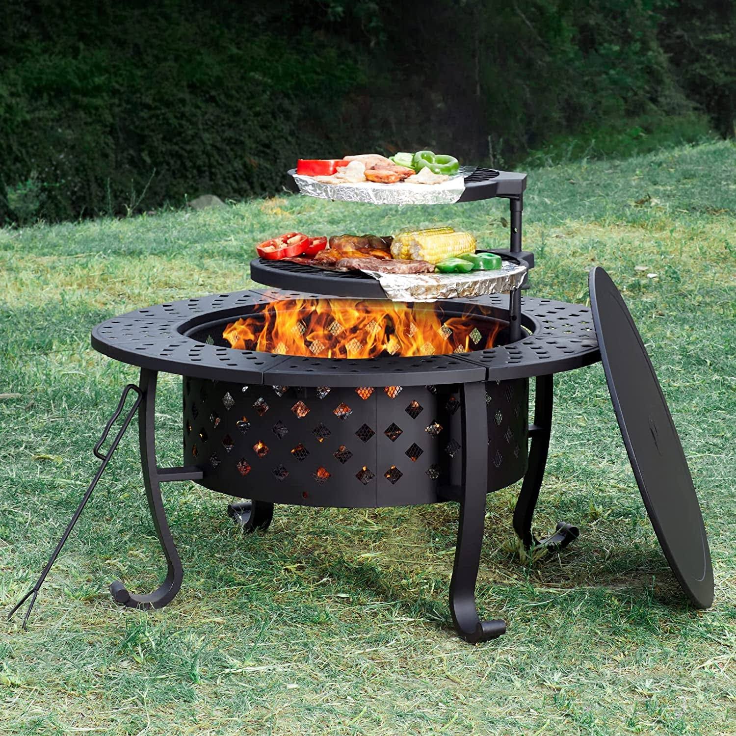 papababe 42 inch Outdoor Fire Pit with 2 Grill with Lid Poker, Large Heavy Duty Metal Round Table, Black