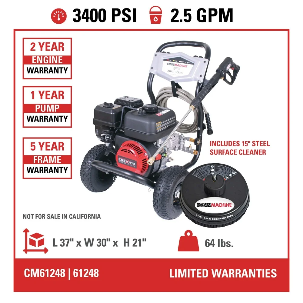 Simpson 61248 Clean Machine 2.5 GPM 3400 PSI CRX Engine Gas Pressure Washer