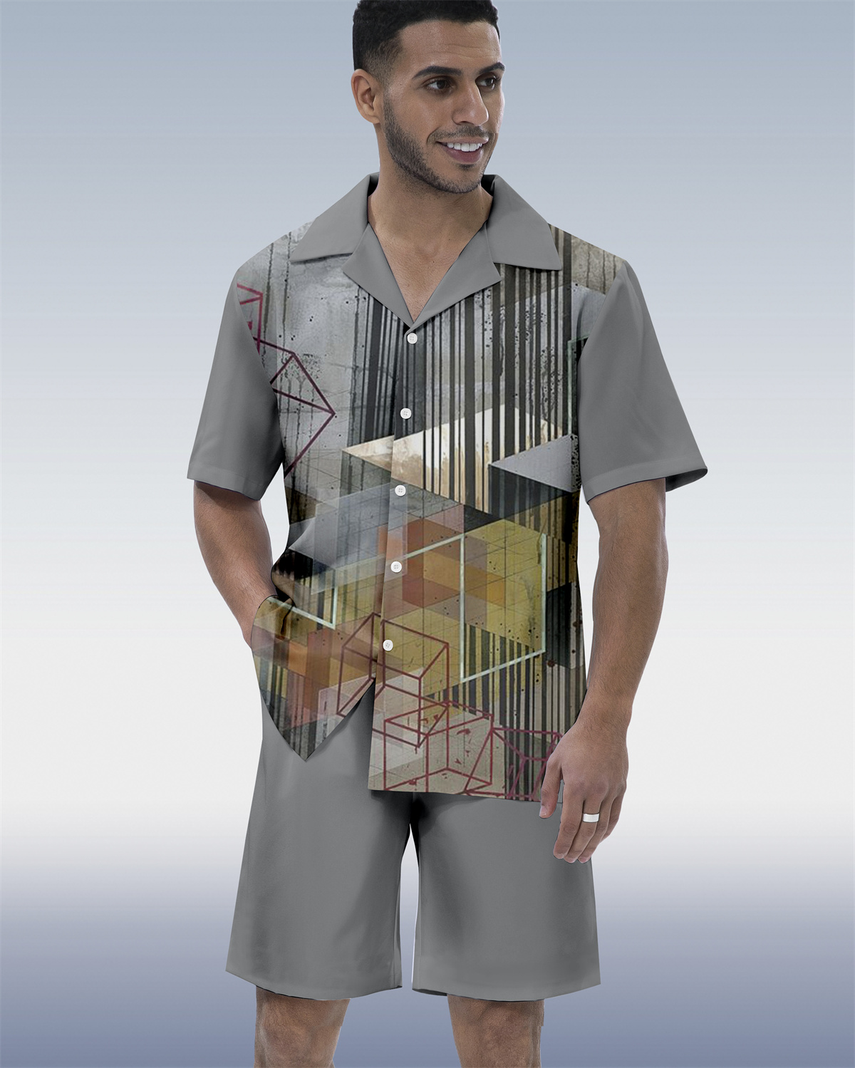 Costume hawaïen à manches courtes pour homme, imprimé ethnique ombré contrasté 076