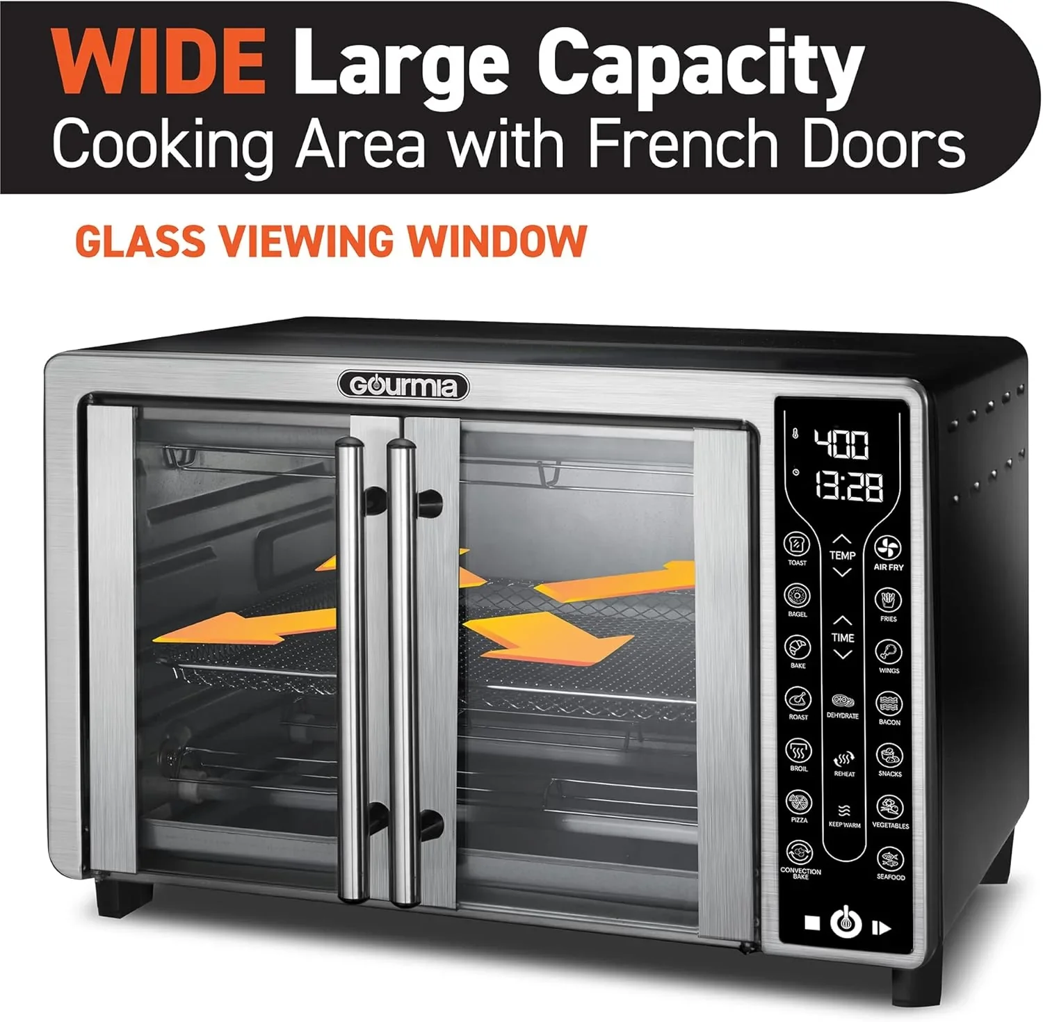 Four Gourmia avec friteuse à air chaud, 17 programmes de cuisson prédéfinis, capacité de 24 L et grille à convection.
