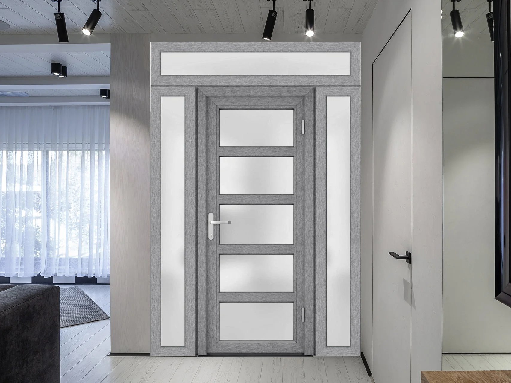 Front Exterior Prehung Metal-Plastic Door Frosted Glass / 8002 Grey Ash / 2 Side and Top Window / Office Commercial and Residential Doors Entrance Patio Garage 60" x 94" Left-hand Inswing(60" incl. 2 Sides x 94" incl. Top; Left In/Gray) - Image 5