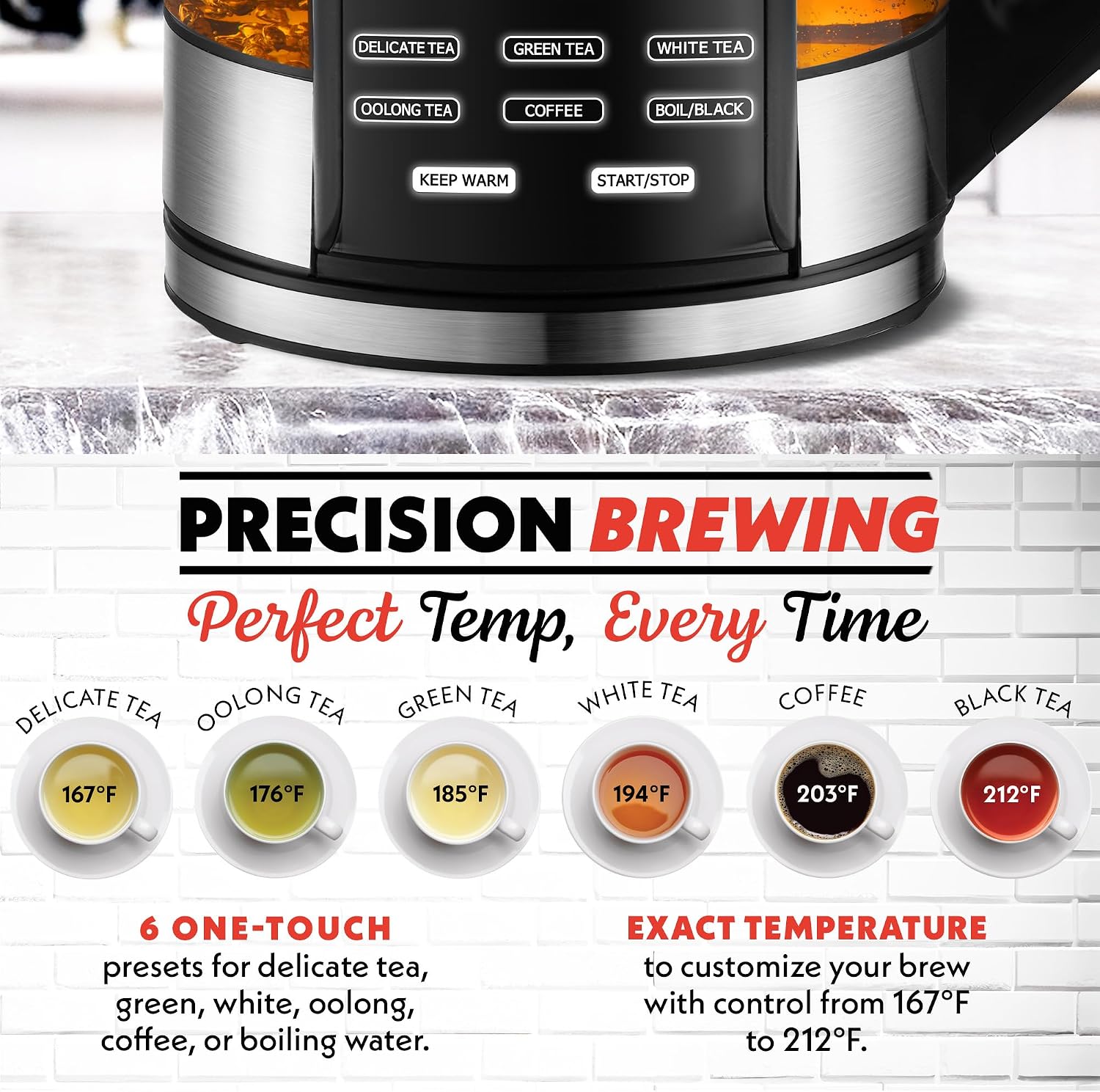 Gourmia Electric Glass Kettle – 1.7L Programmable Tea & Coffee Brewer with Digital Touch Display, 6 Presets, Removable Stainless Steel Infuser, Cordless with 360° Rotation° Swivel Base, Black