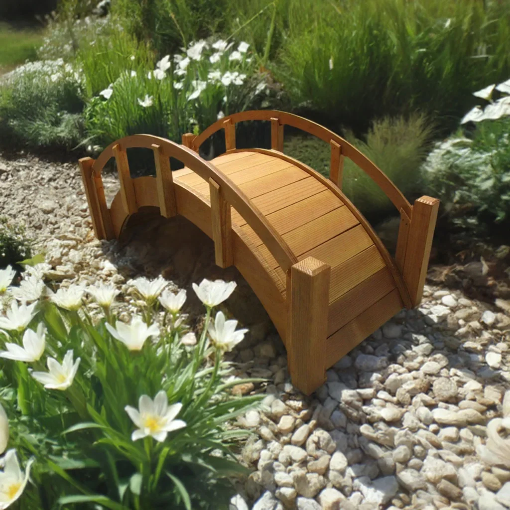 SamsGazebos Miniature Japanese Wood Garden Bridge, 25-Inch, Tan, Waterproofed