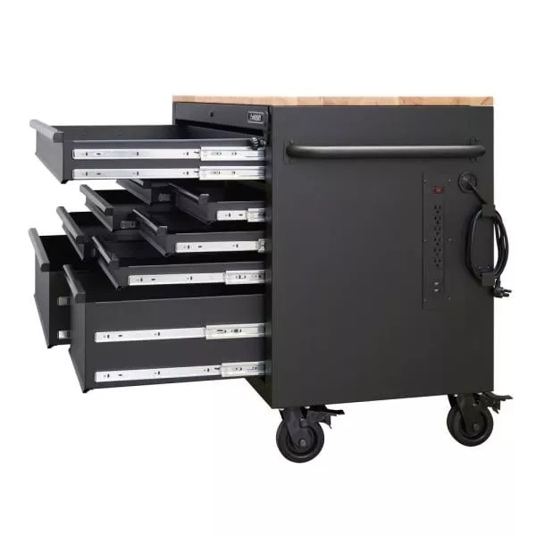 HEAVY-DUTY 52 IN. W 9-DRAWER, DEEP TOOL CHEST MOBILE WORKBENCH IN MATTE BLACK WITH ADJUSTABLE-HEIGHT HARDWOOD TOP
