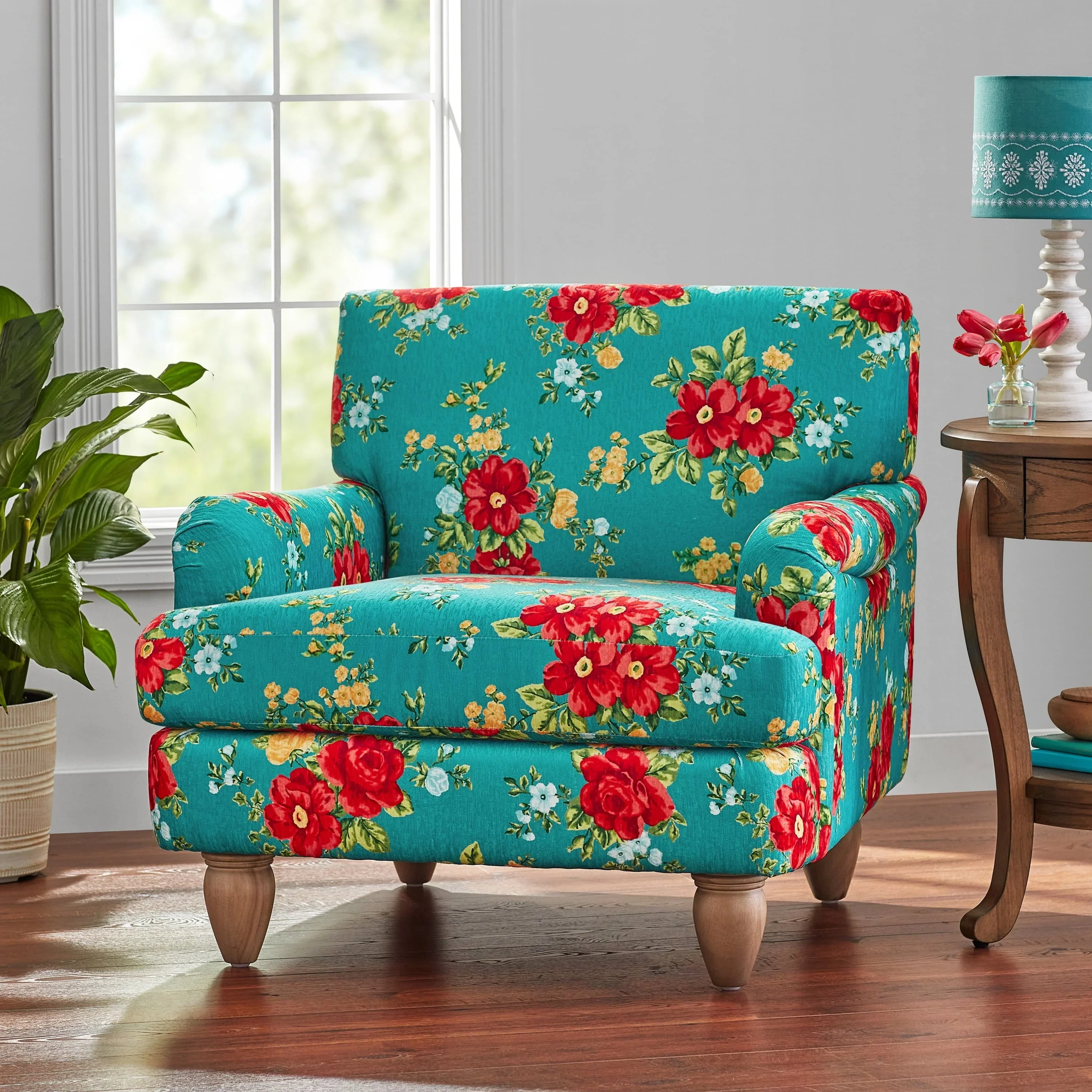 The Pioneer Woman Vintage Floral Low Back Fabric Accent Chair, Teal