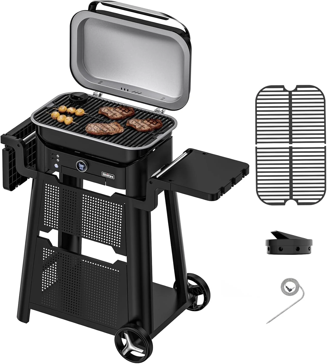 Portable Outdoor Electric Grill with Cart, Intelligent Temp Control, BBQ & Smoker Function