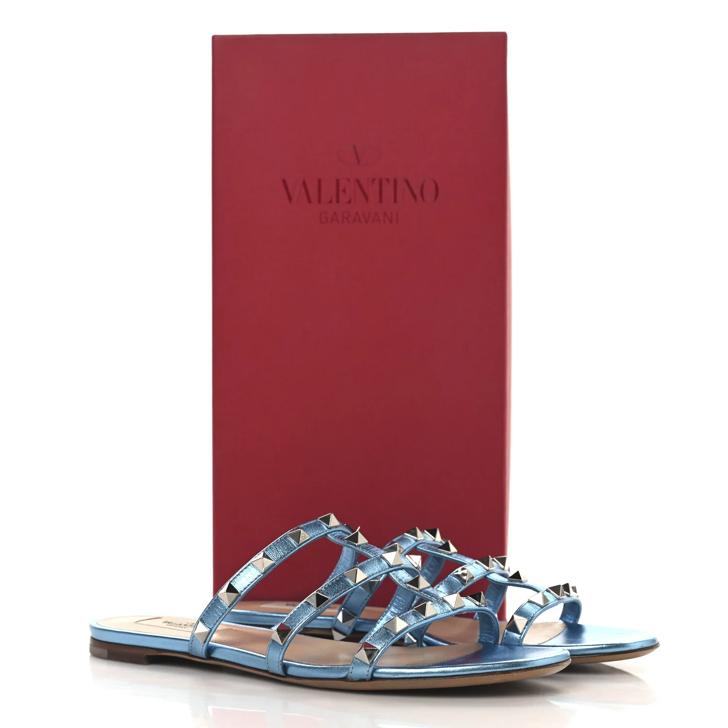 Metallic Nappa Rockstud Caged Flat Slide Sandals 37 Cerulean