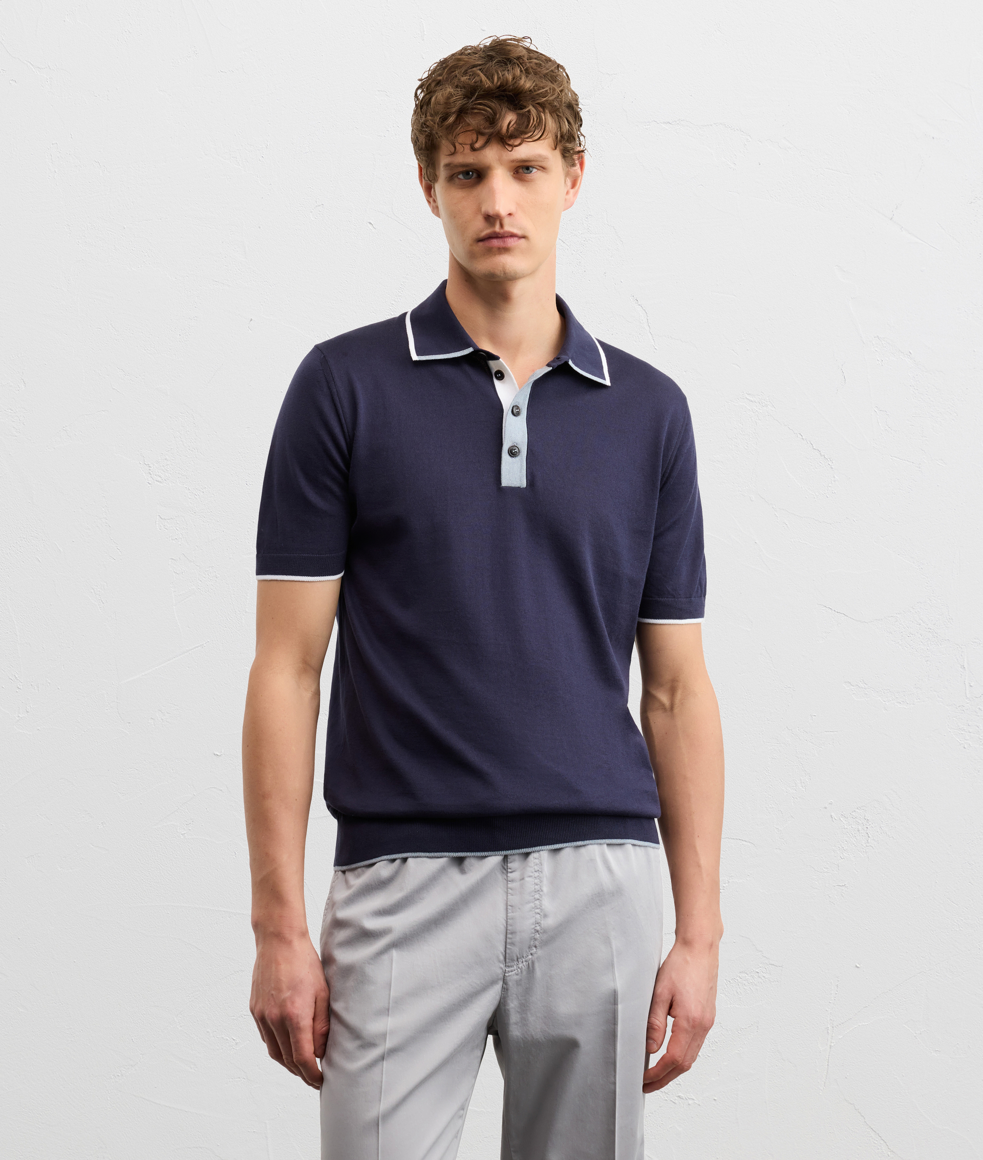 NAVY BLUE COTTON KNIT SHORT SLEEVED POLO SHIRT WITH INTARSIA DETAILS