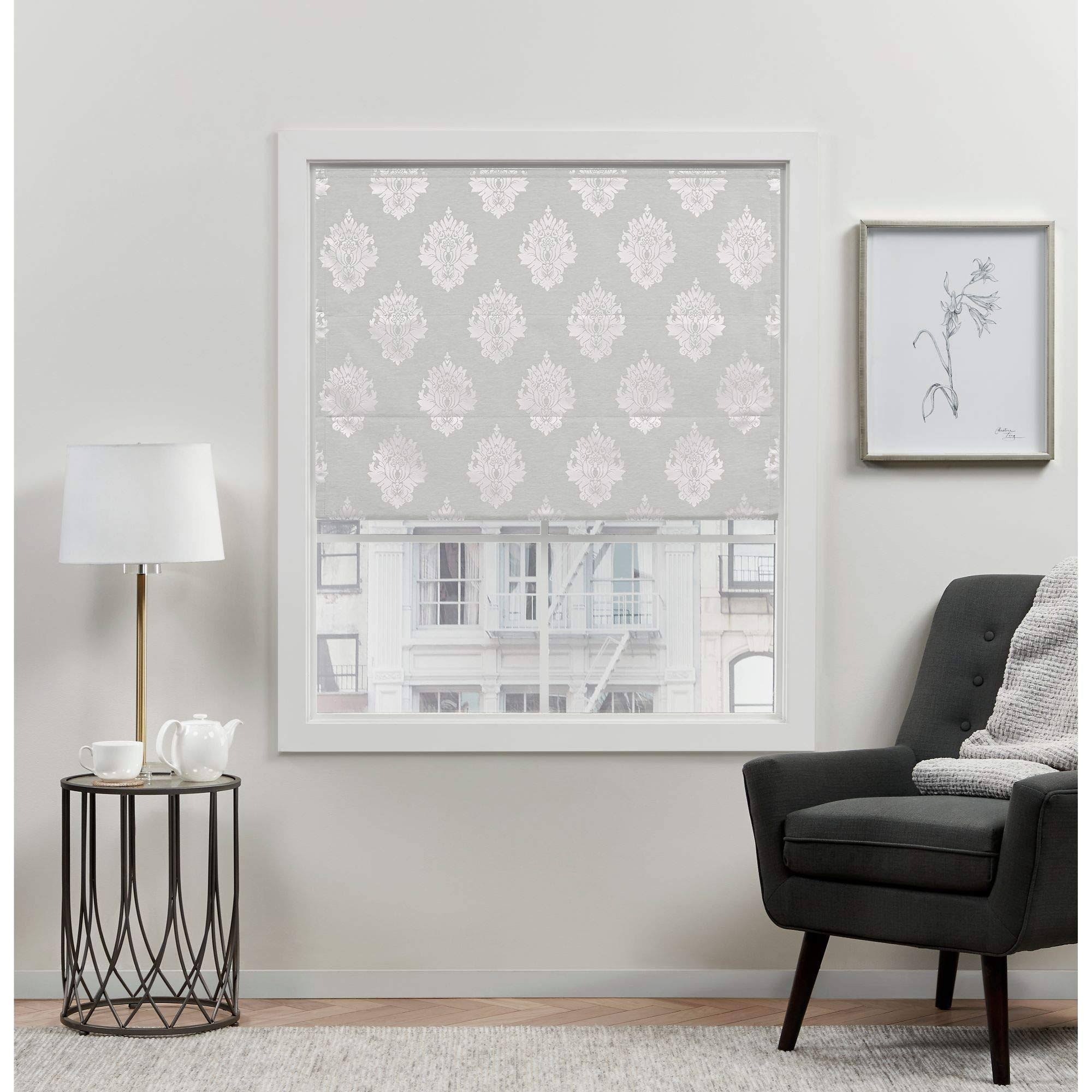 Exclusive Home Curtains Marseilles Damask Blackout Roman Shade, 23 inch x 64 inch, Silver