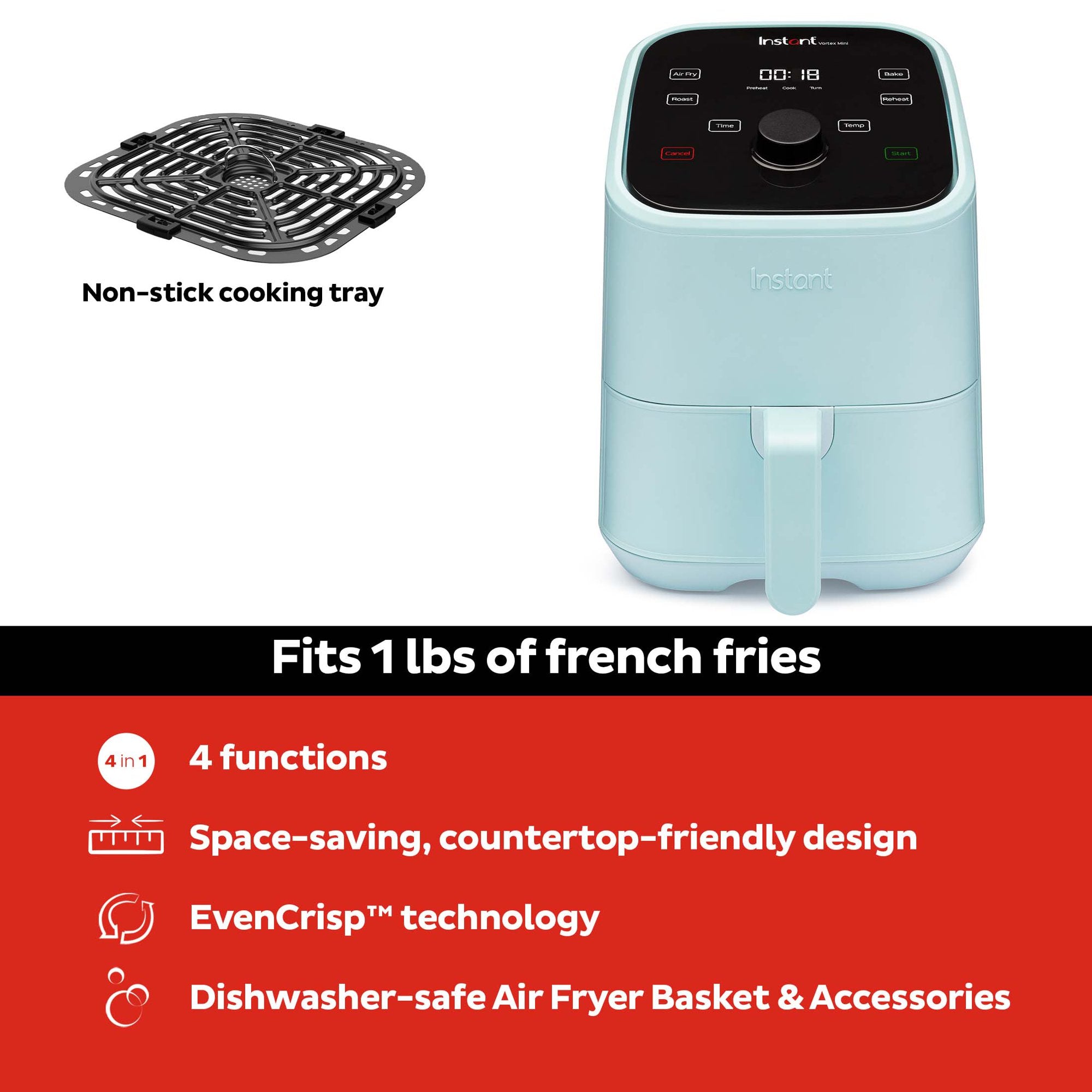 Instant Pot, mini-friteuse à air chaud Vortex de 2 litres, 4 en 1 : cuisson sans huile, rôtissoire, grille-pain, friteuse, déshydrateur, chauffe-plats et plus encore, Aqua