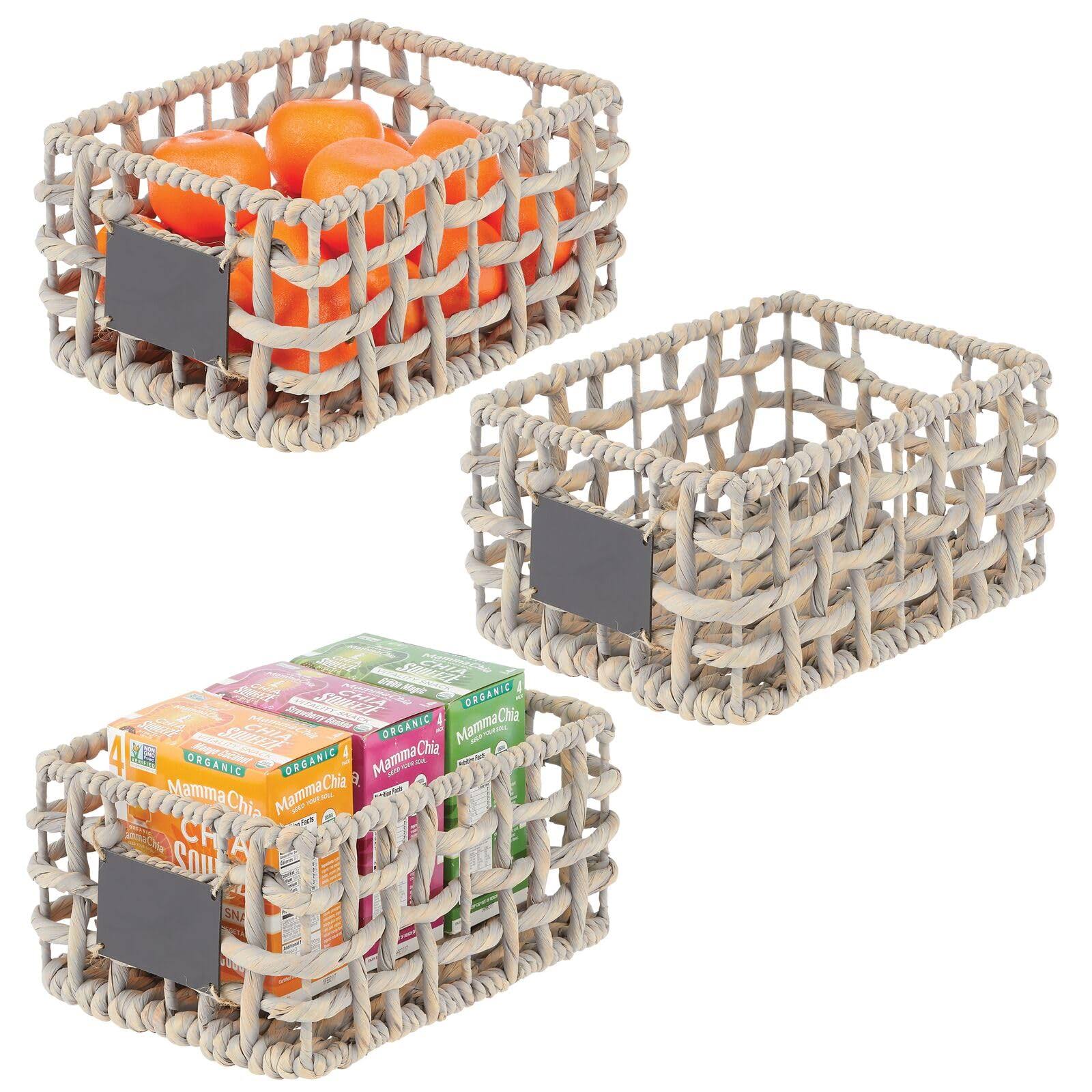 mDesign Water Hyacinth Open Weave Kitchen Cabinet Pantry Basket with Built-In C